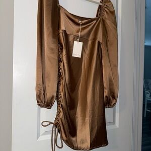 Brown Satin Long Sleeve Dress